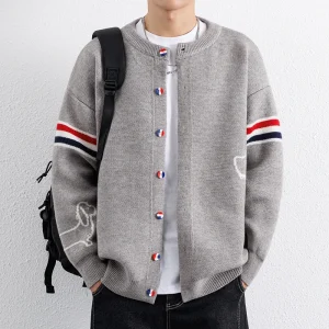 Knitted Cardigan Jacket for Men Autumn and Winter College Style Wide Pine Stand Collar Sweater Korean Striped Casual Sweater