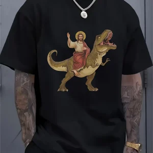 Men's Funny Jesus Riding Dinosaur Graphic T-Shirt - White Casual Short Sleeve Round Neck Tee with Jesus & Dino Print