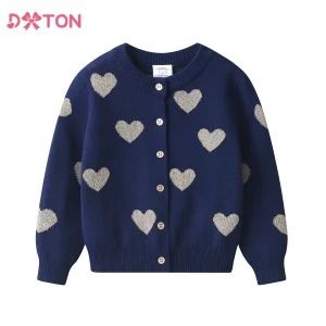 DXTON Children's Elastic Knitted Coat Heart Loose Girls Cardigan Sweater Button Kid Outerwear Winter Warm Baby Girls Knitwear