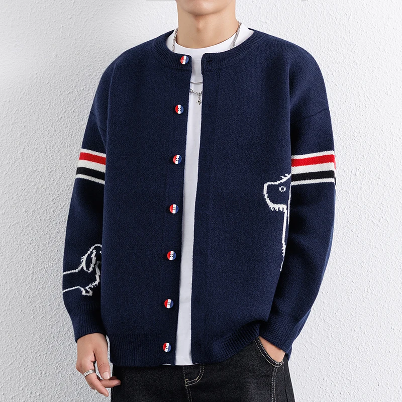 Knitted Cardigan Jacket for Men Autumn and Winter College Style Wide Pine Stand Collar Sweater Korean Striped Casual Sweater - Image 3