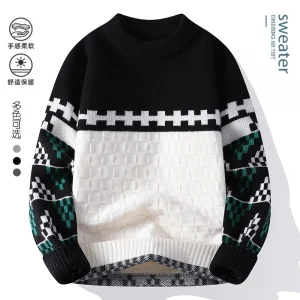 Color Blocked Trendy High Street Style Fashionable Knitted Sweater Men's Pullover Warm Autumn Winter Elegant Commuting Tops