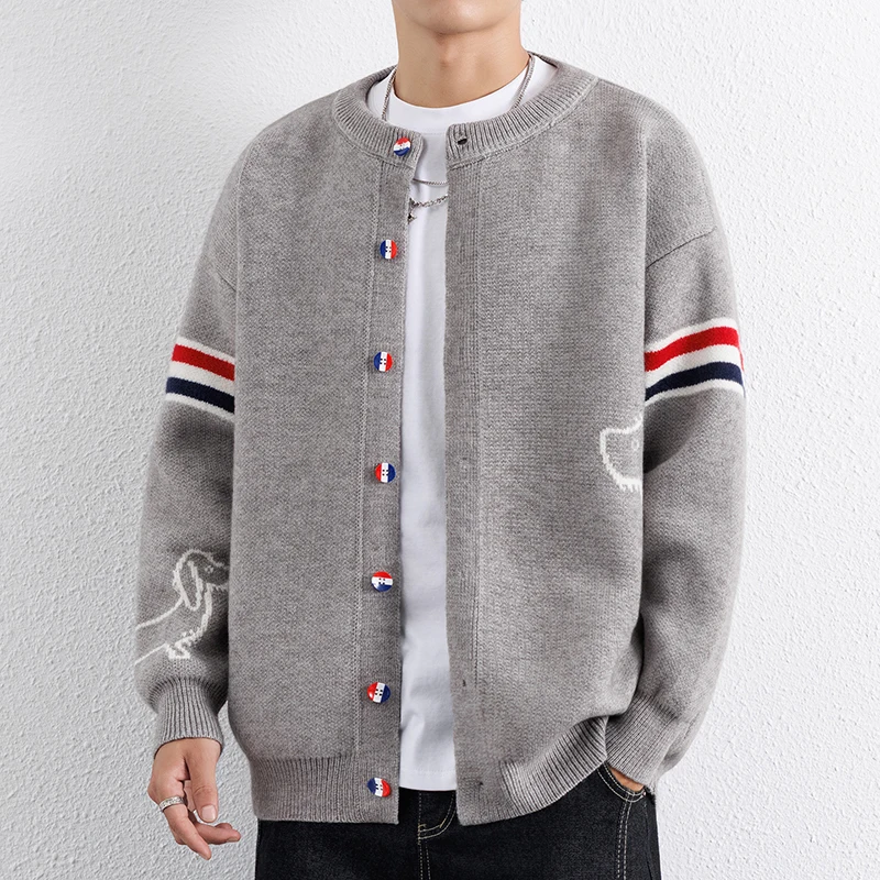 Knitted Cardigan Jacket for Men Autumn and Winter College Style Wide Pine Stand Collar Sweater Korean Striped Casual Sweater - Image 2